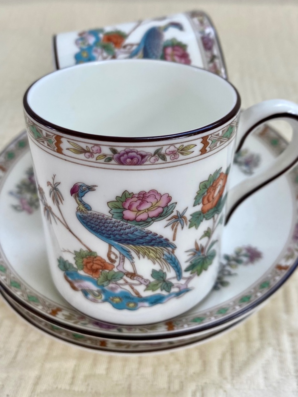 Wedgwood Bone China Coffee Cups. English Kutani Crane Espresso Set of 3. New.